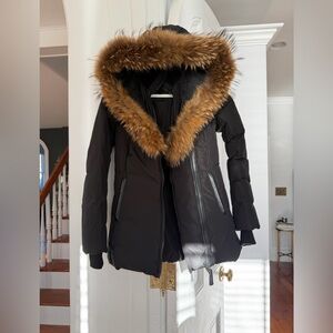 Mackage Black Puffer Jacket with Brown Fur Trim